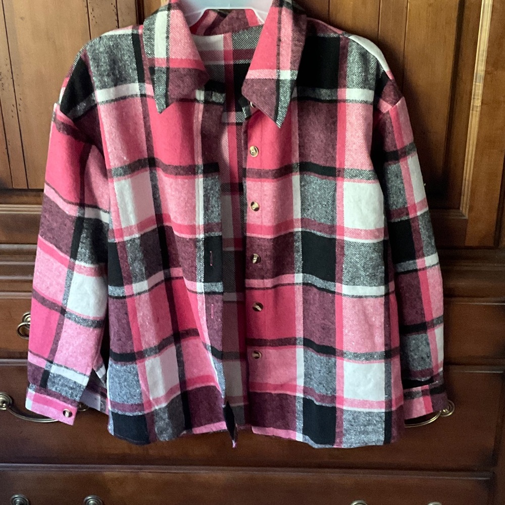 Pink and Black Plaid Button-Up Shirt
